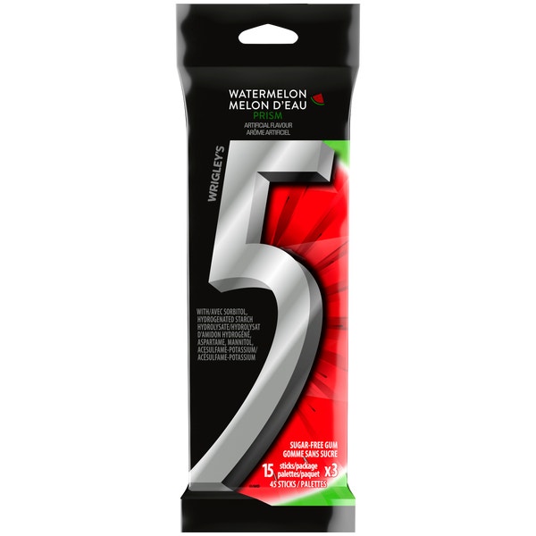 Gomme sans sucre 5 Prism Melon d'eau, 15 palettes (paquet de 3)