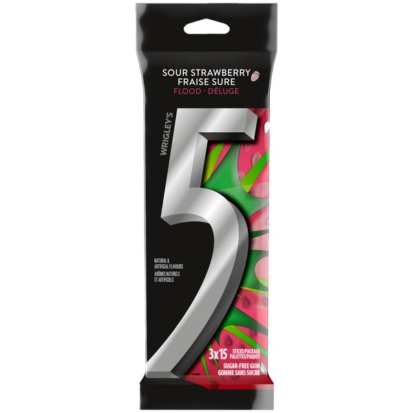 5 Gum Strawberry Flood Sugarfree Chewing Gum, 15-Stick Pack (Pack of 3)