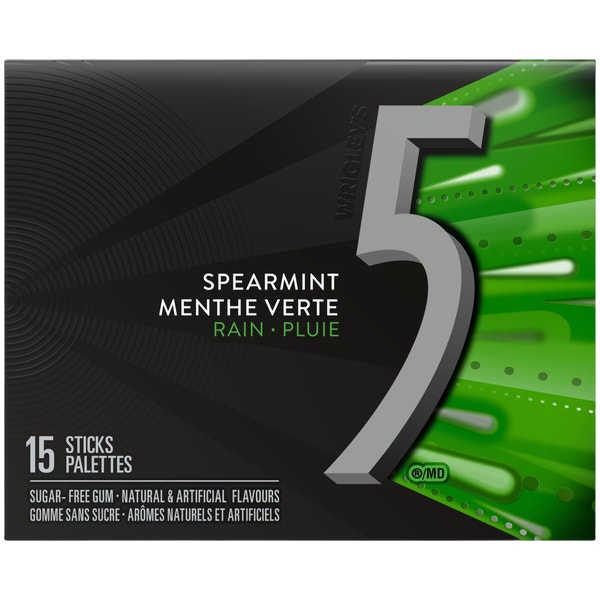 5 Gum Spearmint Rain Sugarfree Chewing Gum, 15-Stick Pack