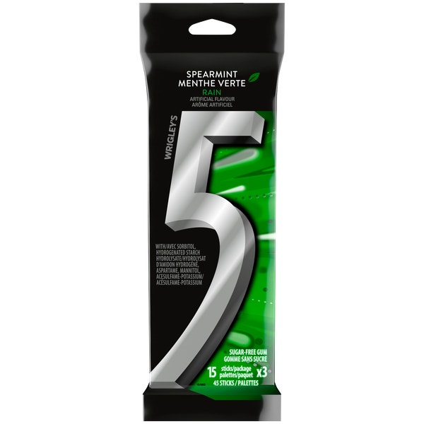 5 Gum Spearmint Rain Sugarfree Chewing Gum, 15-Stick Pack (Pack of 3)