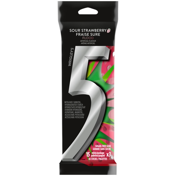 Gomme sans sucre 5 Flood Fraise sure, 15 palettes (paquet de 3)